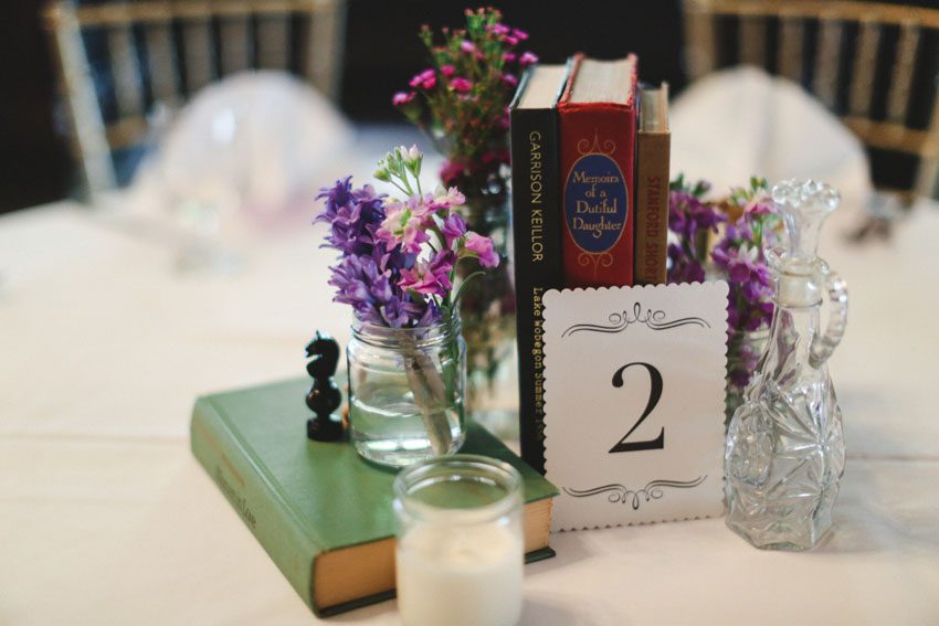 Book table centerpiece wedding decor