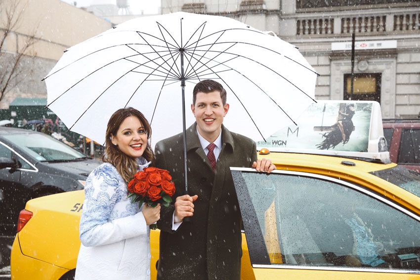 taking a nyc cab wedding photo