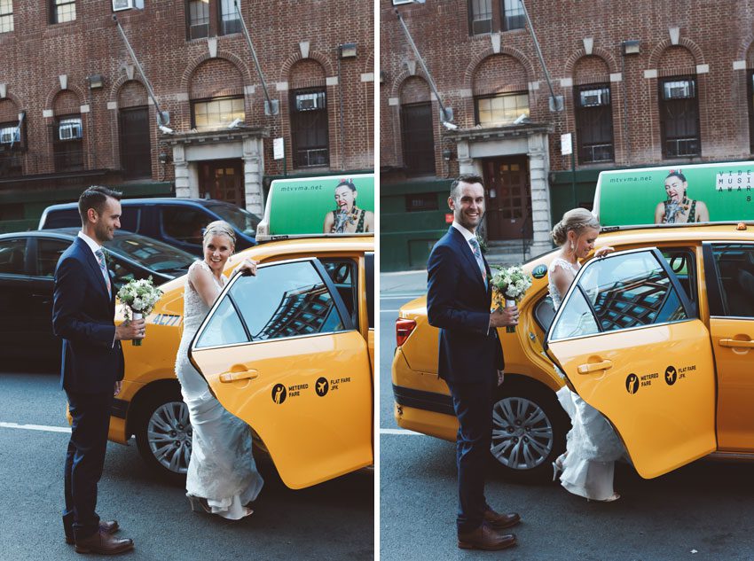 Bride and groom taking a yellow cab