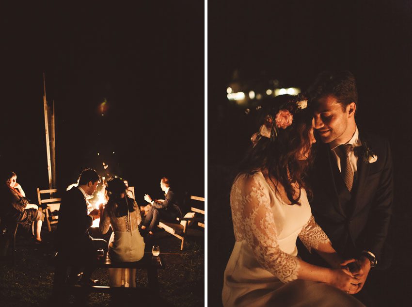 Romantic wedding moments near the fire pit