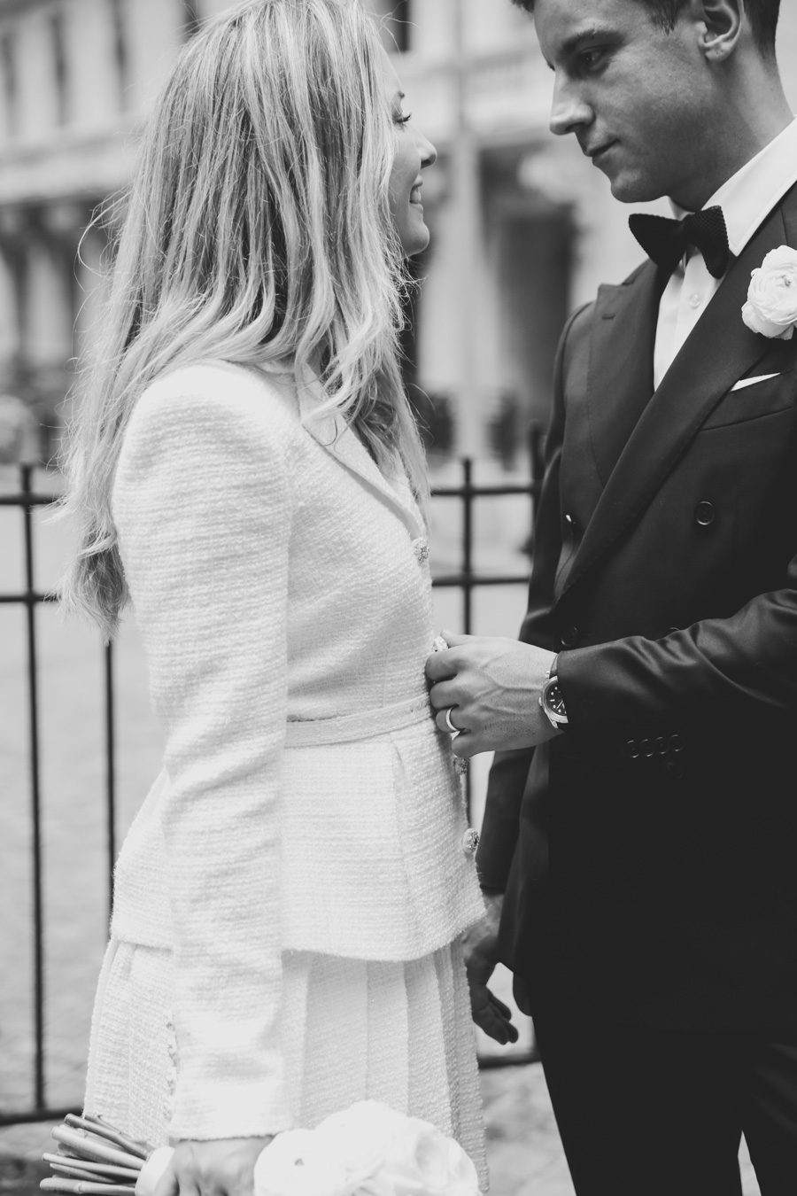 black and white photo of a couple in wall street