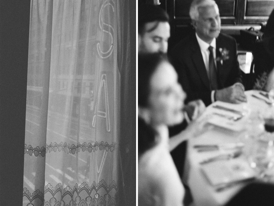 Left panel shows a sheer lace curtain with decorative border, light filtering through; right panel shows guests in formal attire at a dining table in a blurred black-and-white scene.
